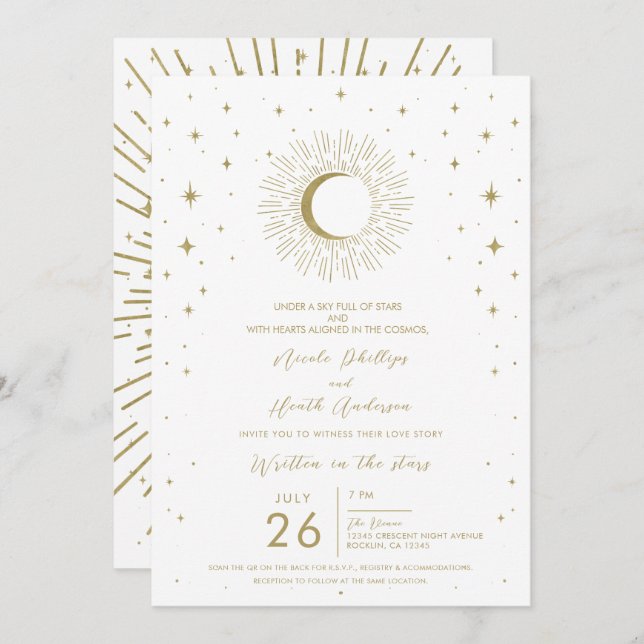 White & Guld Stars Celestial Sunburst Måne Bröllop Inbjudningar (Fram/baksida)