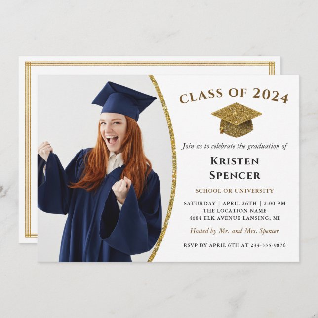 White Guld Student Photo Ram Studentfest Inbjudningar (Fram/baksida)