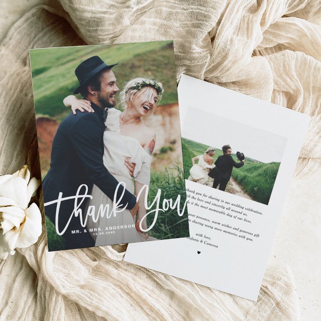 White Hand Lettering Photo Bröllop Tack Kort (Rustic Hand Lettering Photo Wedding Thank You)