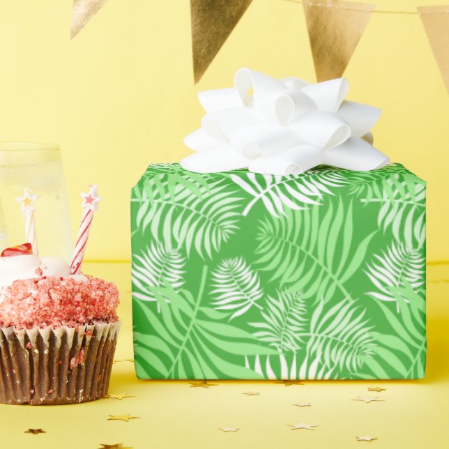 White Handflatan Frond on Grönt Wrapping Papper Presentpapper (Födelsedagsfest)