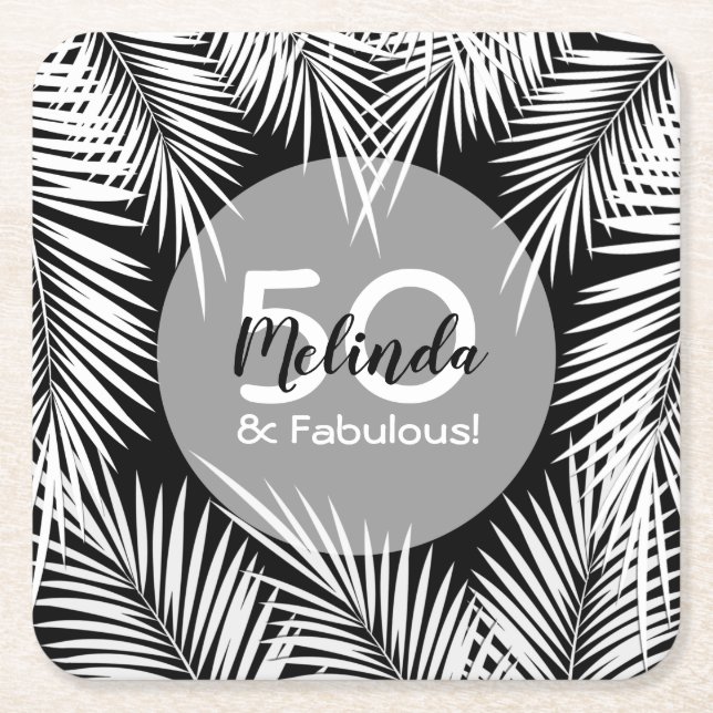 White Handflatan på Black Tropical Birthday Underlägg Papper Kvadrat (Framsidan)