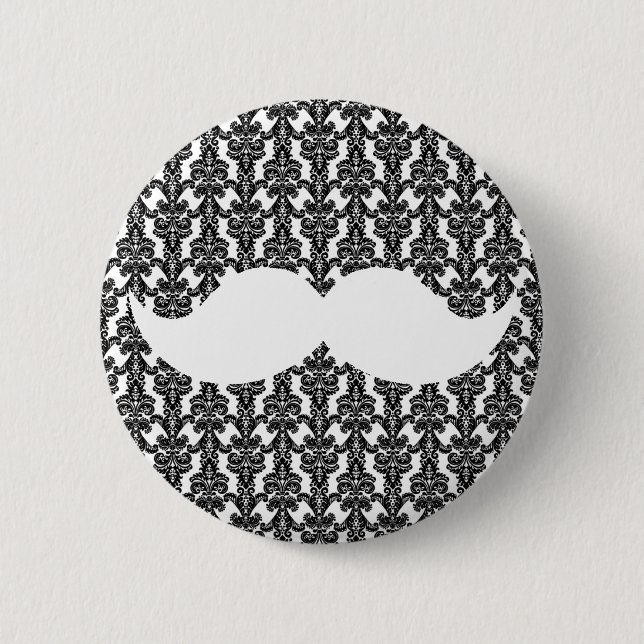 White Handlebar Mustache på Black Damask Papper Knapp (Framsida)