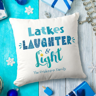 White Hanukkah Latkes LaughLight Roligt Blue Type Kudde