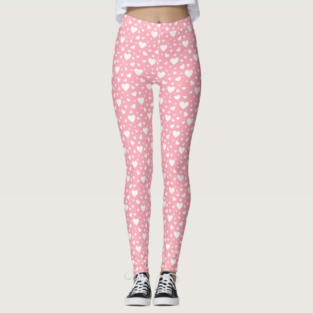 White Heart Mönster på Rosa Leggings (Framsida)