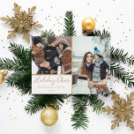 White Helgdag Cheer Faux Guld Photo Collage Julkort<br><div class="desc">Det här moderna helgdag-kortet har ställe för två foton och är skrivet i ett handskript. Det finns faux guld gräns och en schevron mönster på baksidan.</div>