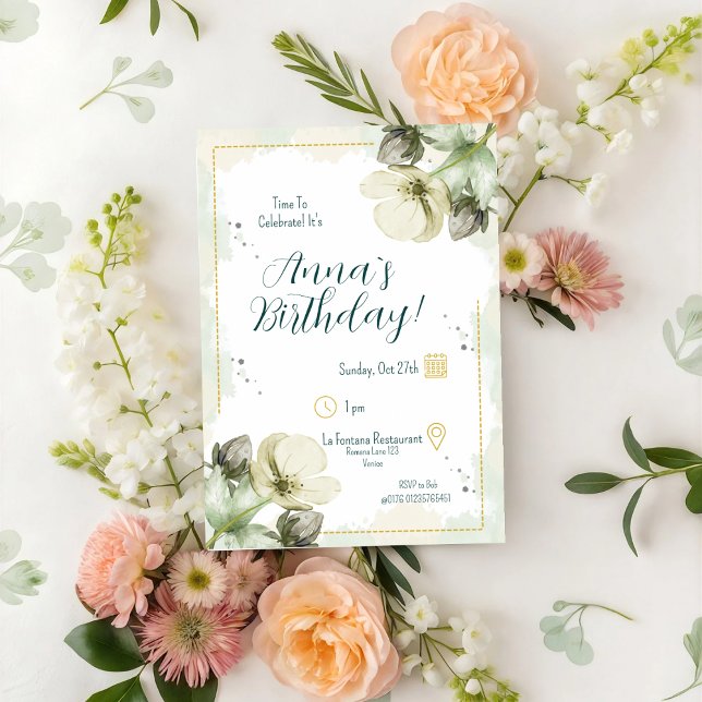 White Hellebore Watercolor Blommigts Birthday Inbjudningar (Skapare uppladdad)