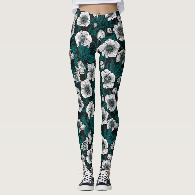 White Hellebores med blå löv Leggings (Framsida)