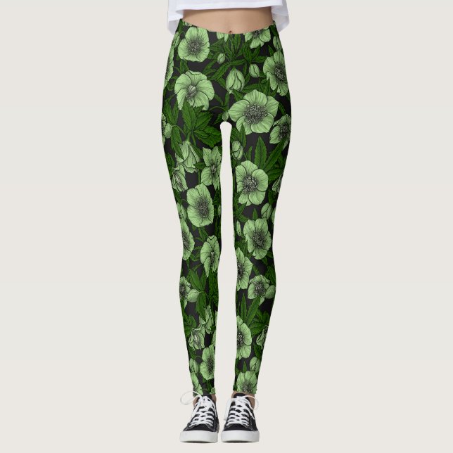 White Hellebores med löv Leggings (Framsida)