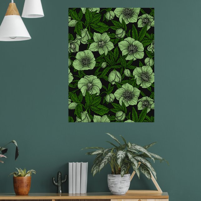 White Hellebores med löv Poster (Vardagsrum 1)