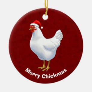 White Hen i Santa Hat Merry Chickmas Julgransprydnad Keramik