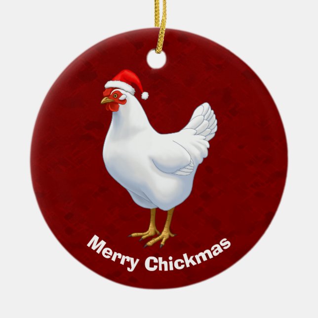 White Hen i Santa Hat Merry Chickmas Julgransprydnad Keramik (Framsidan)