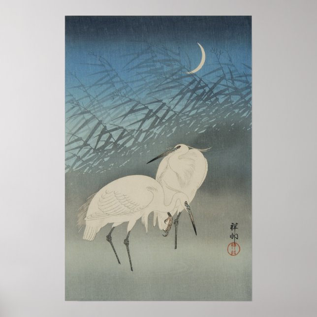 White Herons and Måne, Ohara Koson Poster (Framsidan)