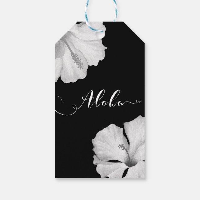 White Hibiscus Black Tropical Bröllop Aloha Favor Presentetikett (Baksidan)