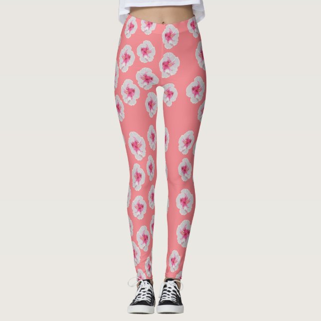 White Hibiscus Flowers Anpassningsbar Leggings (Framsida)