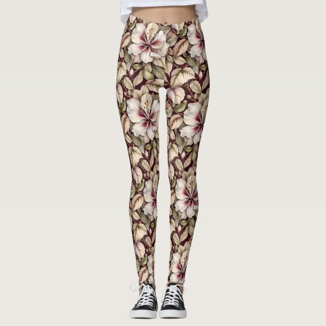 White Hibiscus på Maroon Leggings (Framsida)