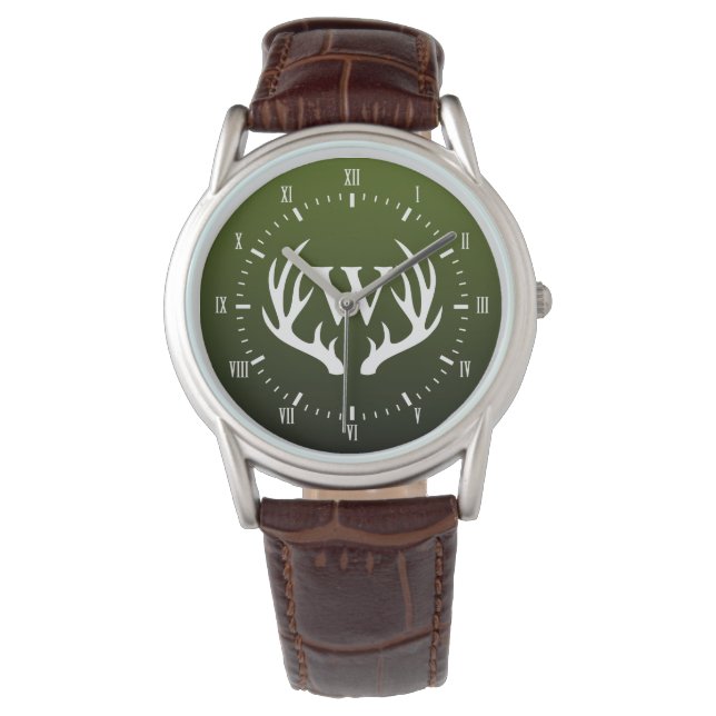 White Hjort Antlers Monogram Grönt Manar Watch Armbandsur (Framsida)