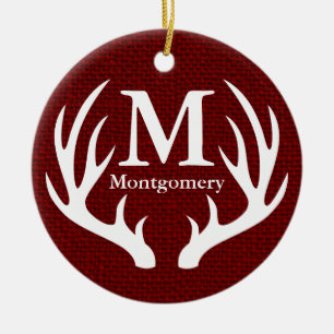 White Hjort Antlers Red Faux Burlap Family Namn Julgransprydnad Keramik
