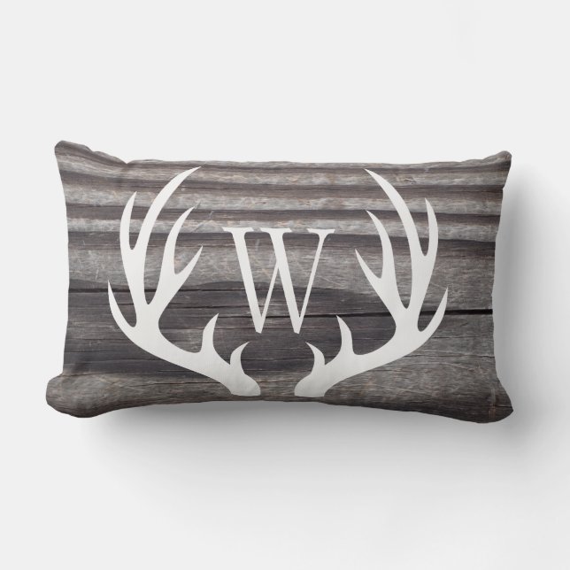 White Hjort Antlers Weasted Wood Monogram Lumbarkudde (Framsida)