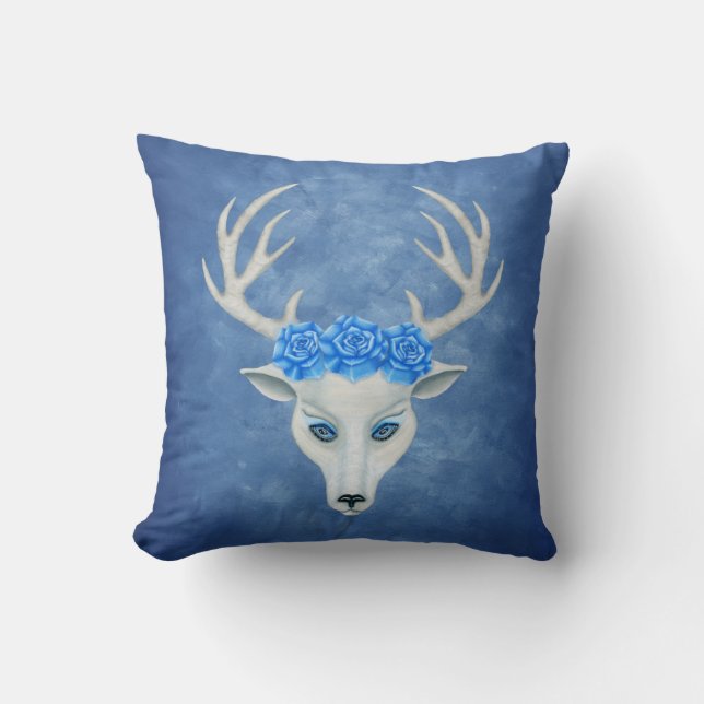 White Hjort Head Antlers Blue Öga Ro Misty Blue Kudde (Framsida)