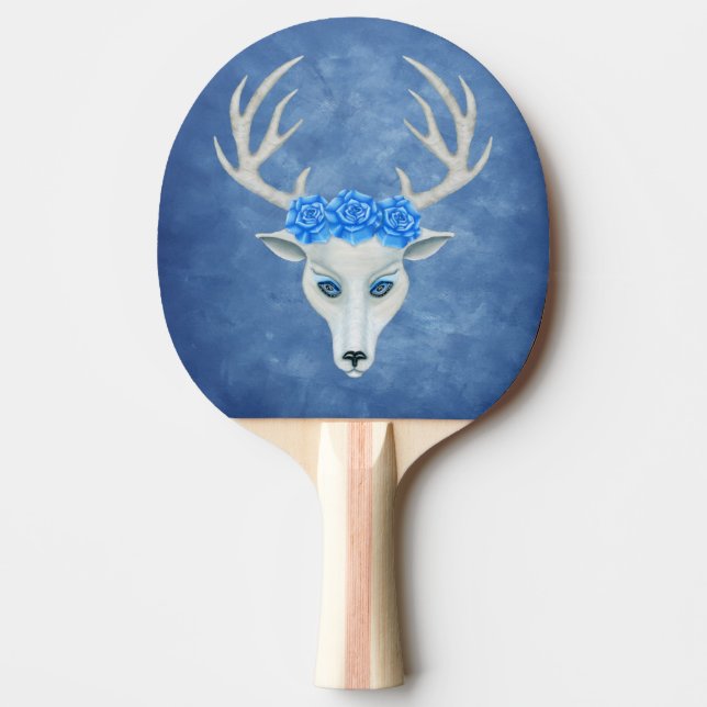 White Hjort Head Mysterious Ansikte Antlers Ro Blu Pingisracket (Framsidan)