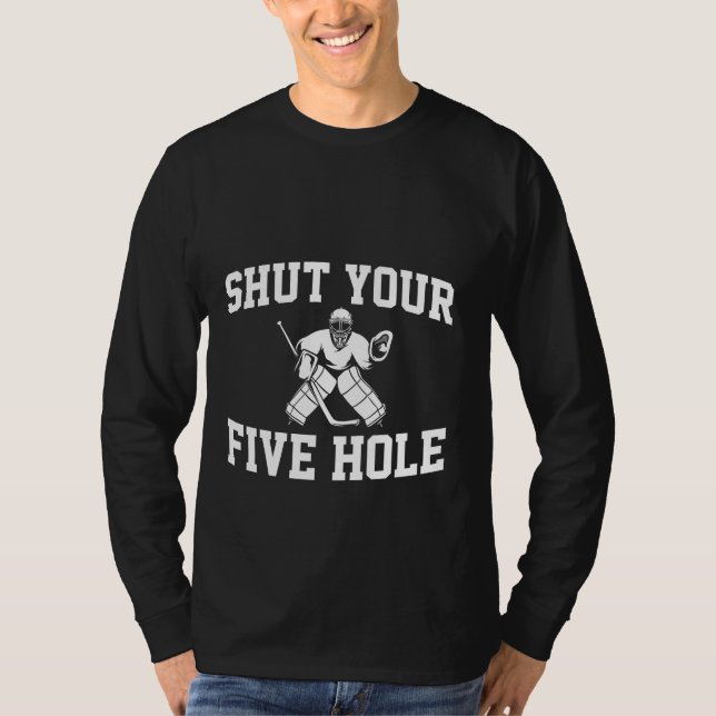 White Hockey Goalie Stäng fem Hål T Shirt (Framsida)