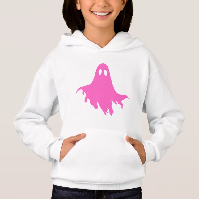 White Hoodie with Pink Ghost – Cute & Cozy Graphic T Shirt (Framsida)