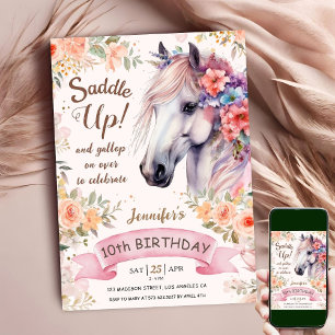White Horse 10th Birthday Blommigt Girl Saddle Up Inbjudningar