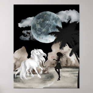 White Horse and Girl med Heart Full Moon Beach Poster