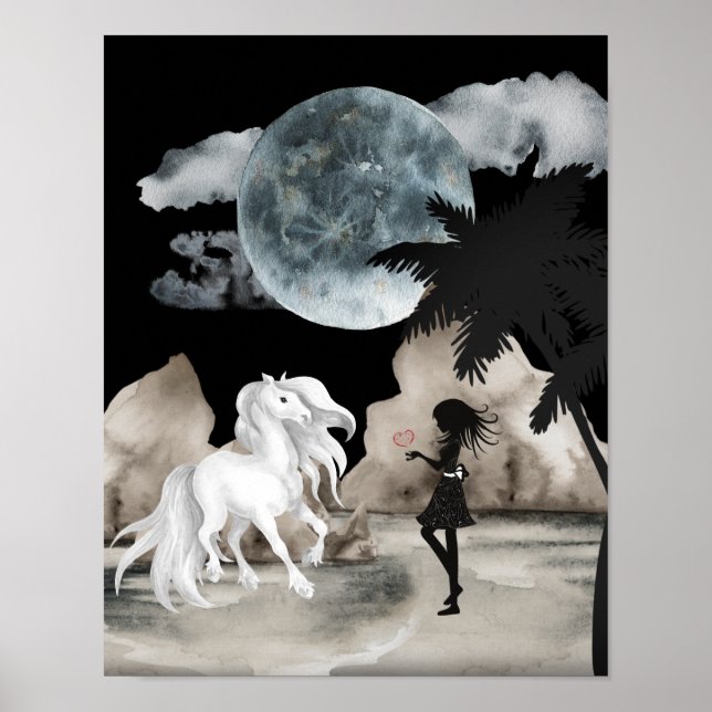 White Horse and Girl med Heart Full Moon Beach Poster (Framsidan)