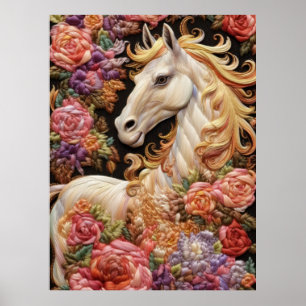 White Horse and Ro 3D Embroidery Art Poster