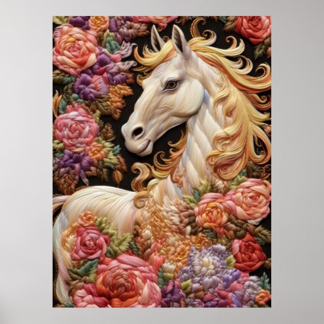 White Horse and Ro 3D Embroidery Art Poster (Framsidan)