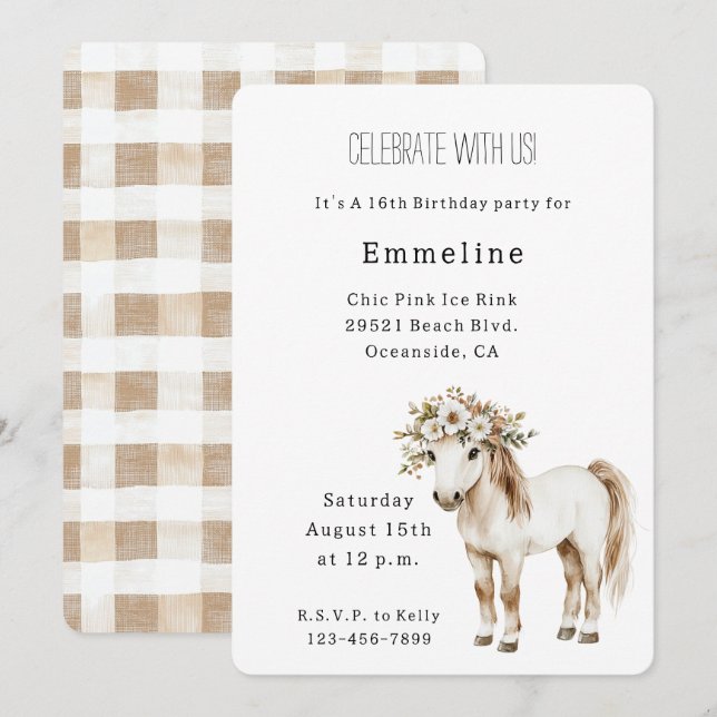 White Horse Floral 16th Birthday Inbjudningar (Fram/baksida)