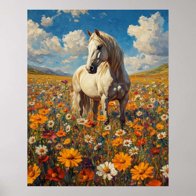 White Horse in a Wildflower Symphony Poster (Framsidan)