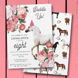 White Horse Pink Floral Girl Cowgirl Birthday Inbjudningar