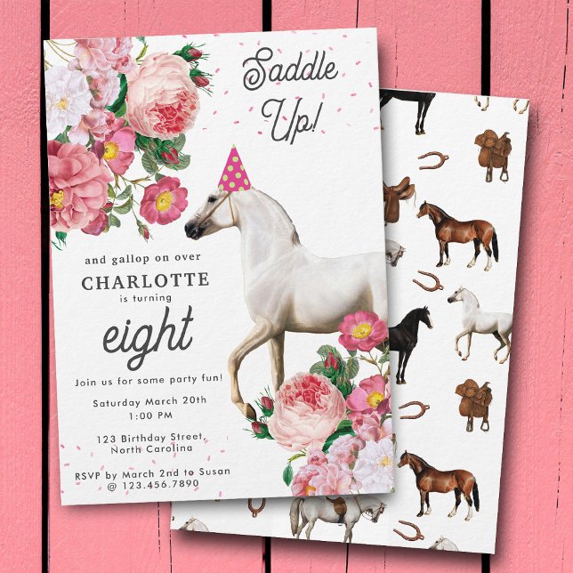 White Horse Pink Floral Girl Cowgirl Birthday Inbjudningar (White Horse Pink Floral Girl Cowgirl Birthday Invitation)