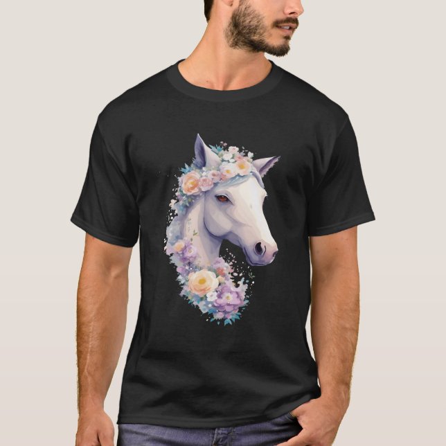 White Horse Porträtt med blommor Cow Horseback Ri T Shirt (Framsida)