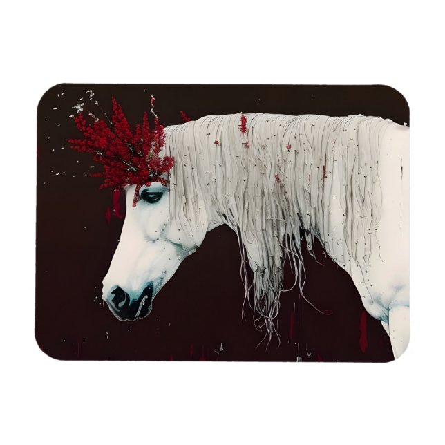 White Horse Red Flowers Magnet (Horisontell)
