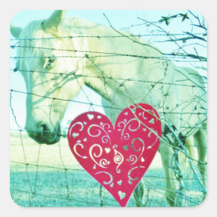 White Horse Red Heart Valentine Fyrkantigt Klistermärke