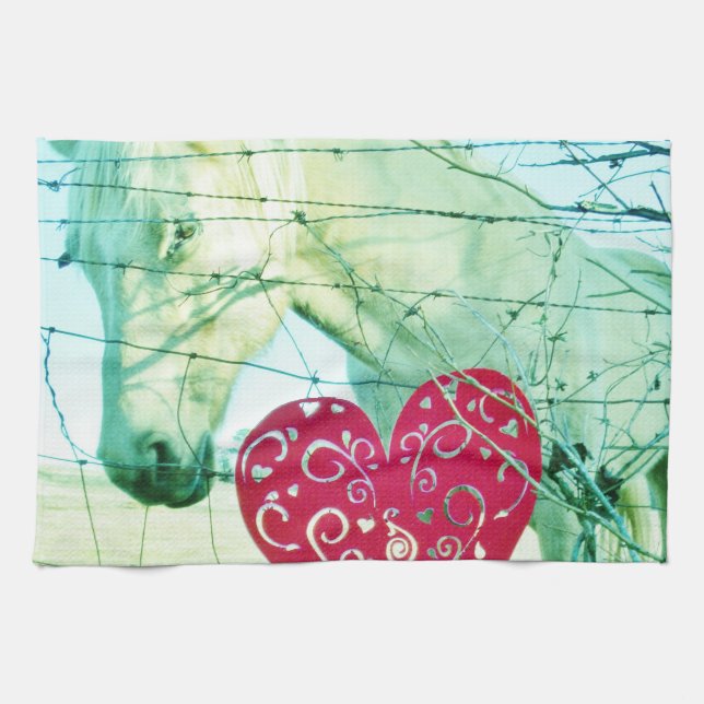 White Horse Red Heart Valentine Kökshandduk (Horisontell)