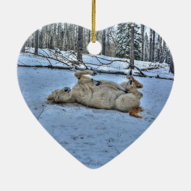 White Horse Rolling in Winter Snö Julgransprydnad Keramik (Baksidan)