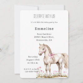 White Horse Rosa Bow Blommigt Birthday Inbjudningar