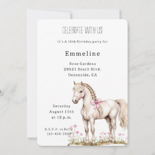 White Horse Rosa Bow Blommigt Birthday Inbjudningar