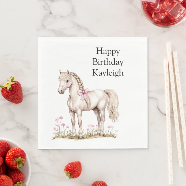 White Horse Rosa Bow Blommigt Birthday Pappersservett (Insitu)