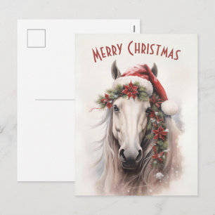 White Horse Santa Hat Red Poinsettias jul Helg Vykort