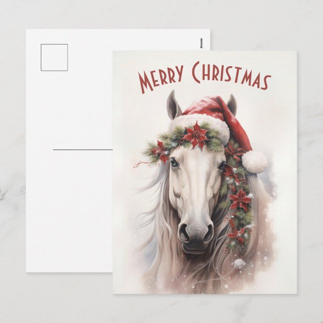 White Horse Santa Hat Red Poinsettias jul Helg Vykort (Fram/baksida)