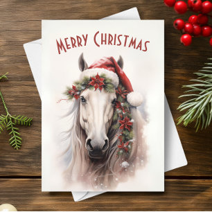 White Horse Santa Hat Red Poinsettias jul Kort
