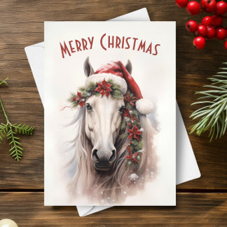 White Horse Santa Hat Red Poinsettias jul Kort