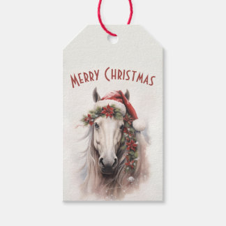 White Horse Santa Hat Red Poinsettias jul Presentetikett
