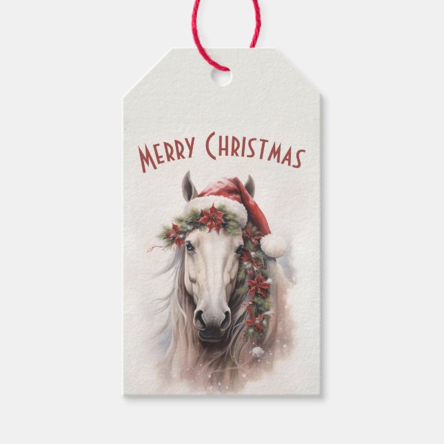 White Horse Santa Hat Red Poinsettias jul Presentetikett (Framsidan)
