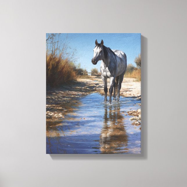 White Horse Shallow Stream Reflection Art Canvastryck (Framsida)